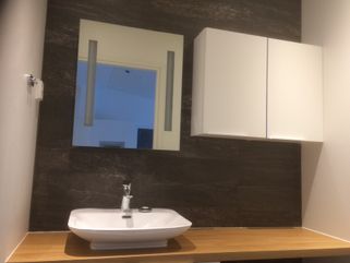 Käsienpesuallas, peili ja kylpyhuoneen kaappi remontoidussa tilassa